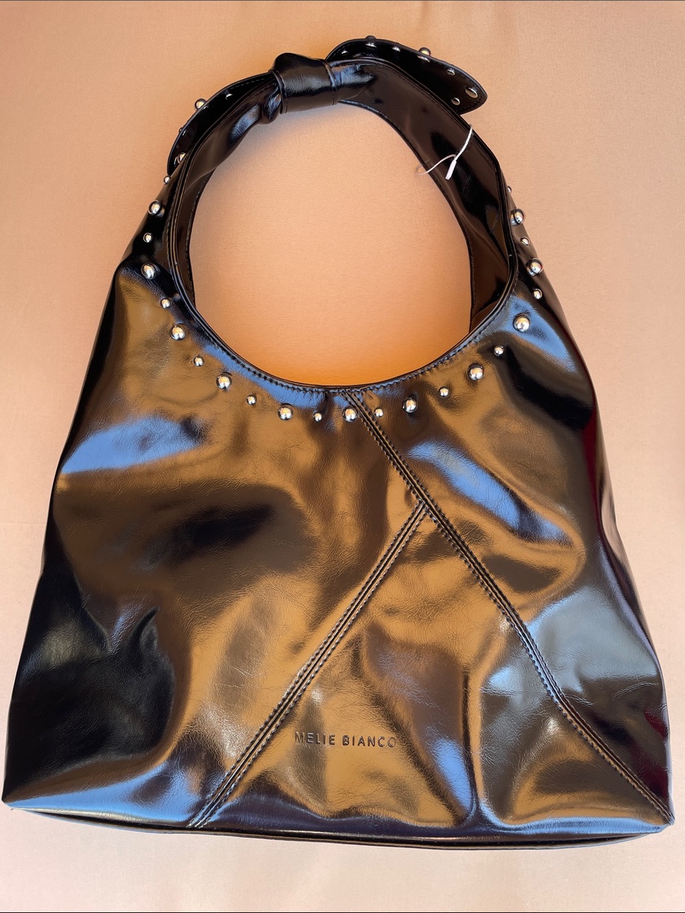 Melie Bianco Black Vegan Leather Studded Knot-Shoulder Hobo
